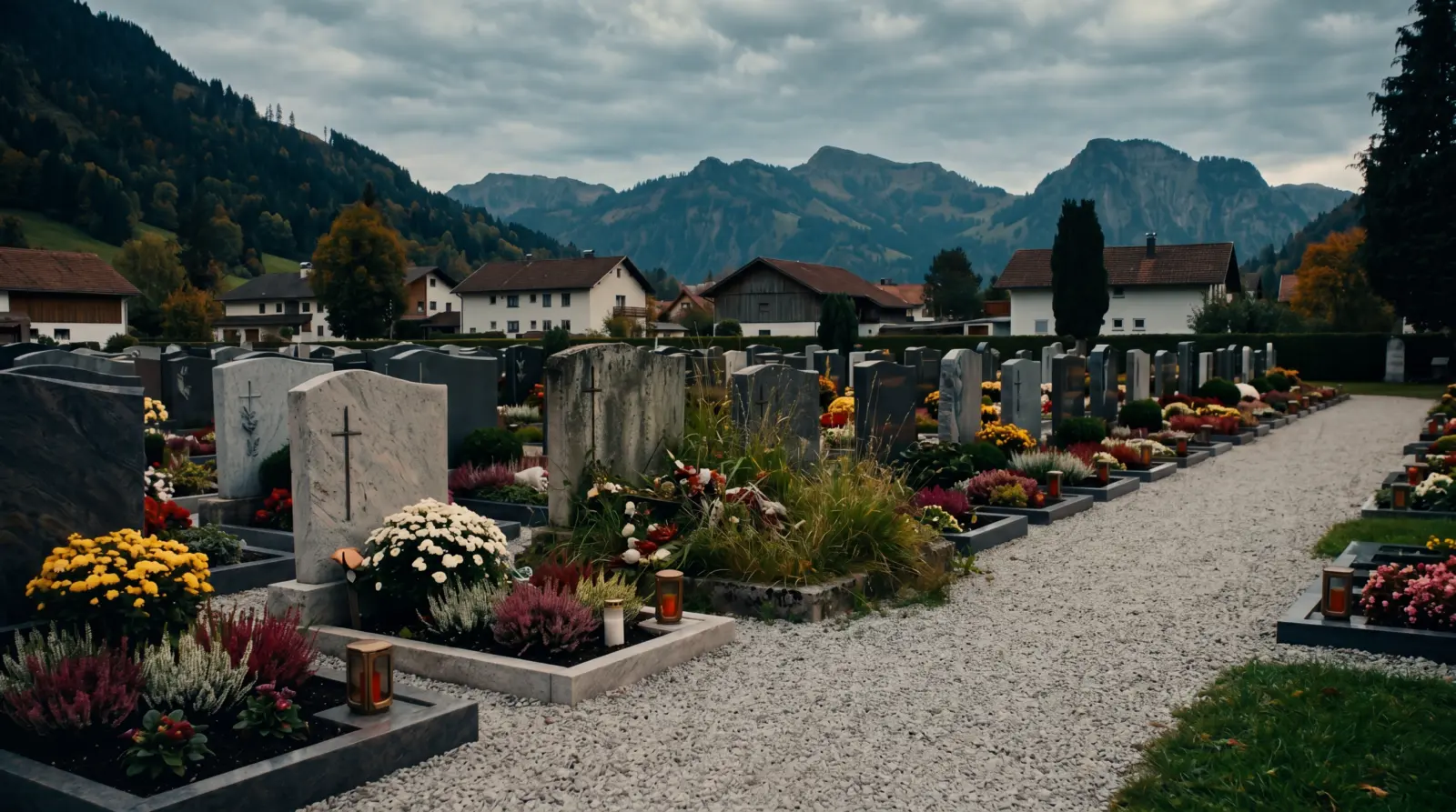Reihe von Gräbern auf einem Friedhof — ein einzelnes wirkt deutlich vernachlässigt